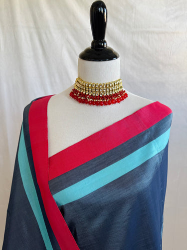 ShopNaya Exclusive | Handwoven | Pure Cotton Saree | Jamdani Weave | No Blouse | Metallic Blue Gray | Thread Work | Handloom Mark | Ships from California